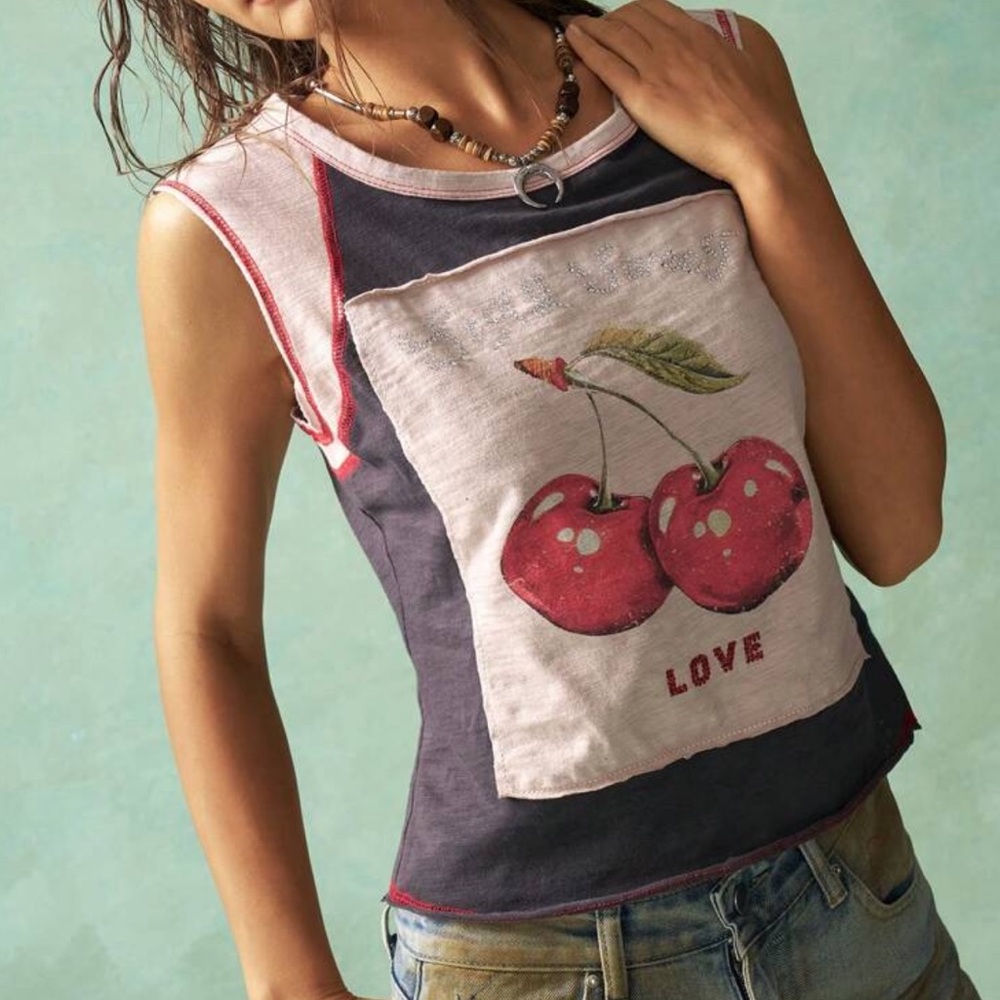 NWT Vintage Inspired Crew Neck Cherry Print Cotton Crop Tank Top